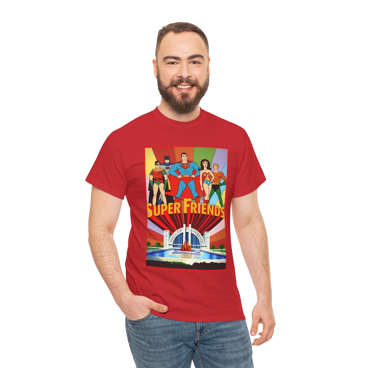 Super Friends T-Shirt - Batman, Superman, Wonder Woman, Robin - Hanna-Barbera Cartoon - DC Comics - Hall of Justice