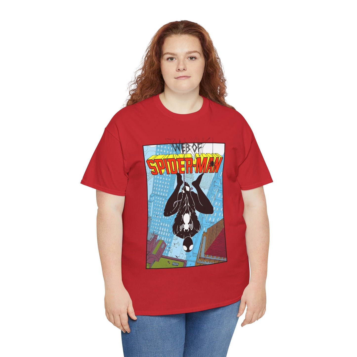 Web of Spider-Man T-Shirt - Charles Vess Art - Peter Parker, Web Slinger - Manhattan Skyline - Spidey Black Suit - Marvel Comics