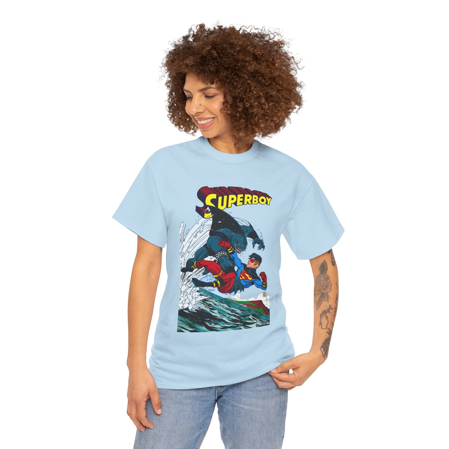 King Shark Vs Superboy T-Shirt - Tom Grummett Art - Connor Kent, Kon-L - Superman Family - DC Comics