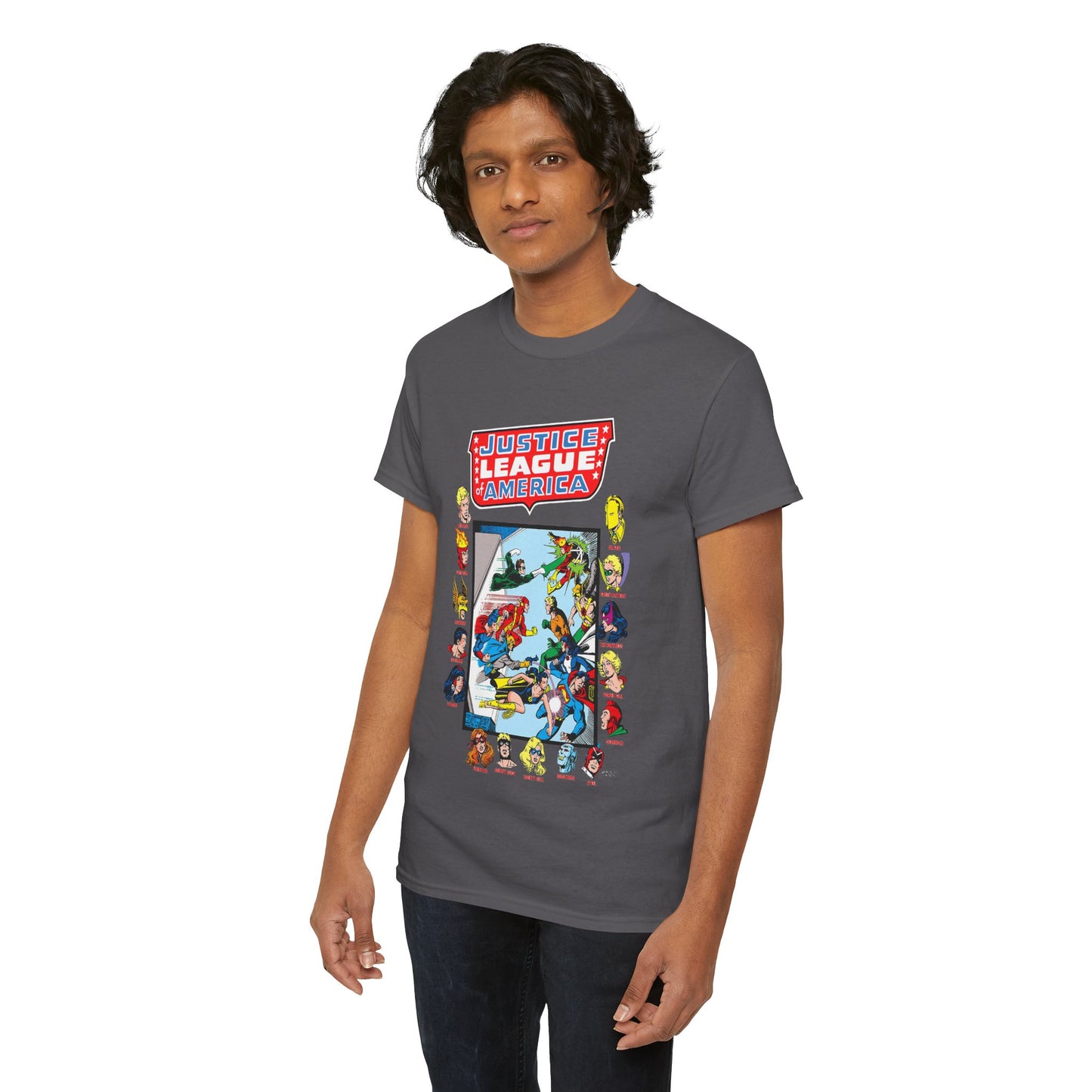 JLA & JSA T-Shirt - George Perez Art - All-Star Squadron - Firestorm, Huntress, Starman, Zatanna, Liberty Belle, Superman, Robotman, Firebrand, Dr Fate - DC Comics