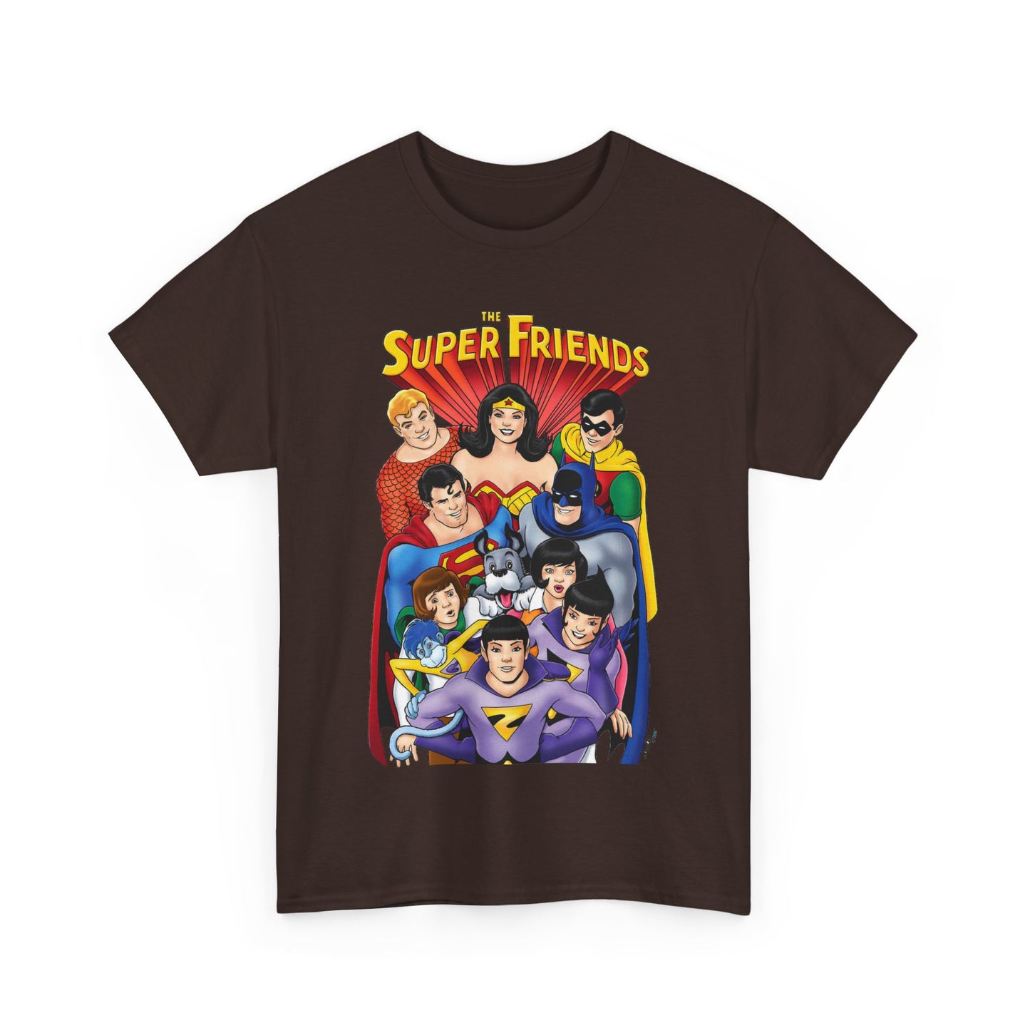 Super Friends T-Shirt - Kevin Maguire Art - Wonder Twins, Gleek, Superman, Wonder Woman Batman - DC Comics - Based on 1970s Hanna-Barbera Cartoon