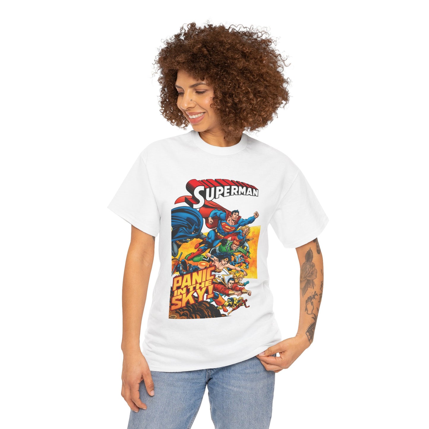Superman - Panic in the Sky T-Shirt - Dan Jurgens Art - Vs Brainiac & Maxima - Wonder Woman, Booster Gold, Shazam, Batman, Flash, Aquaman, Supergirl - DC Comics