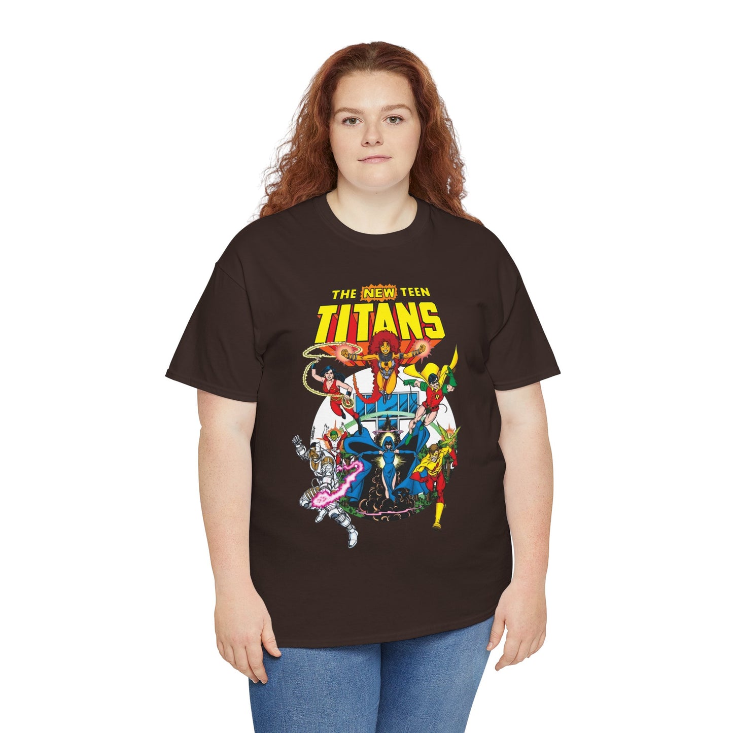 New Teen Titans T-Shirt - Classic George Perez Art - Cyborg, Raven, Starfire, Robin, Wonder Girl, Changeling, Kid Flash - Titans Tower - Popular DC Comics 1980s Series