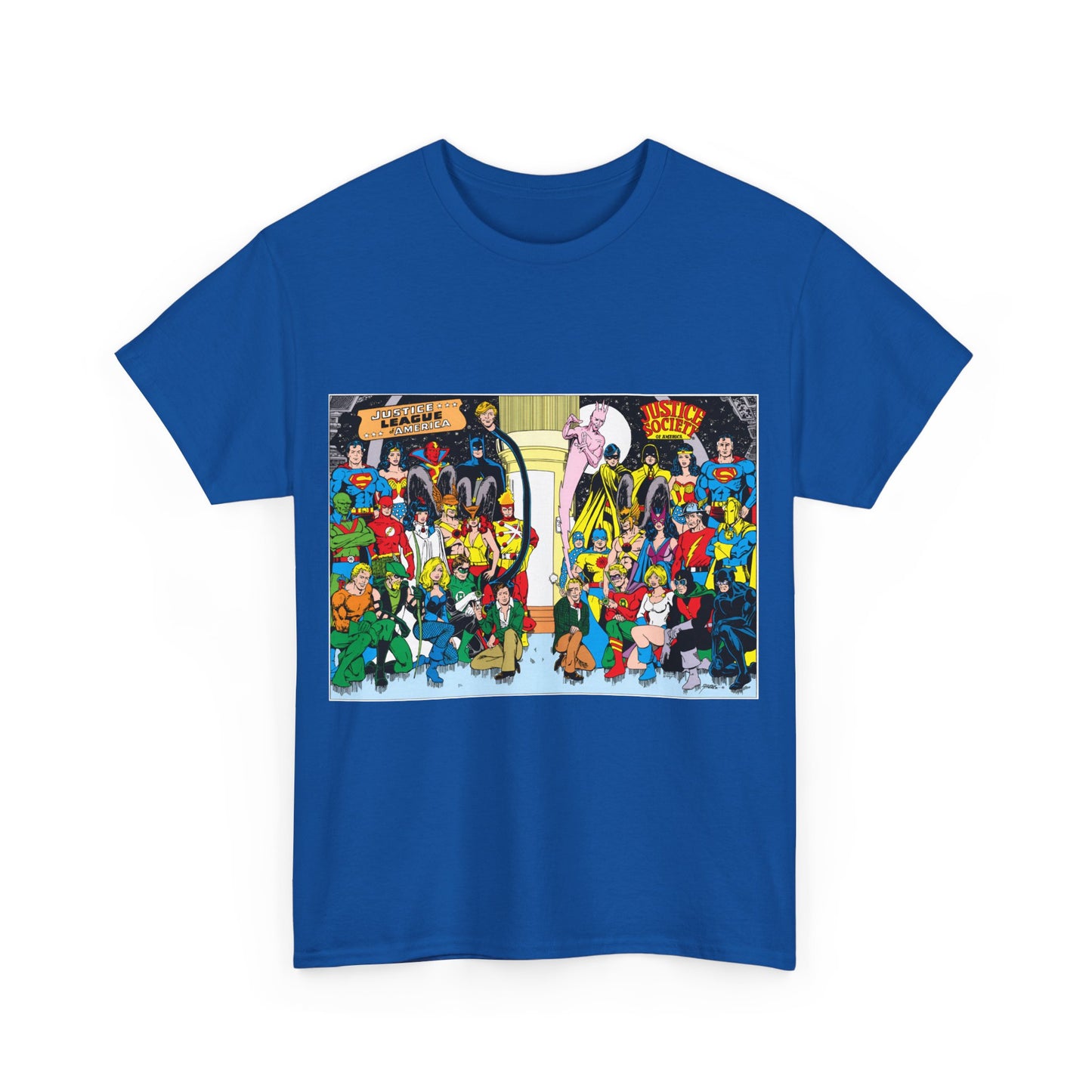 JLA & JSA T-Shirt - George Perez Art - Justice League, Society Team-up - Batman, Wildcat, Dr Fate, Hourman, Firestorm, Superman