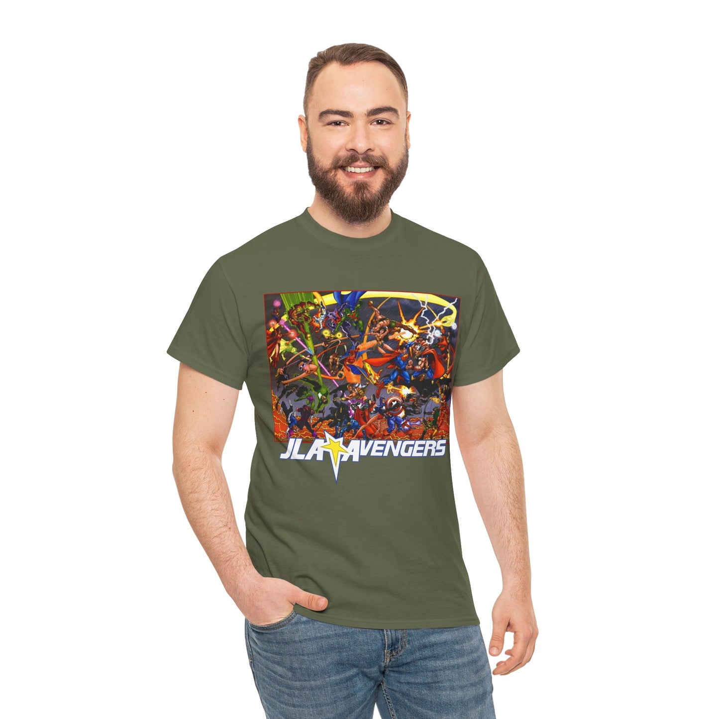 Avengers Vs JLA T-Shirt - Stunning George Perez Art - Marvel & DC Comics Crossover - Thor, Superman, Wonder Woman, Hercules, Iron Man, Batman, Black Canary, Scarlet Witch, Wonder Man, Martian Manhunter