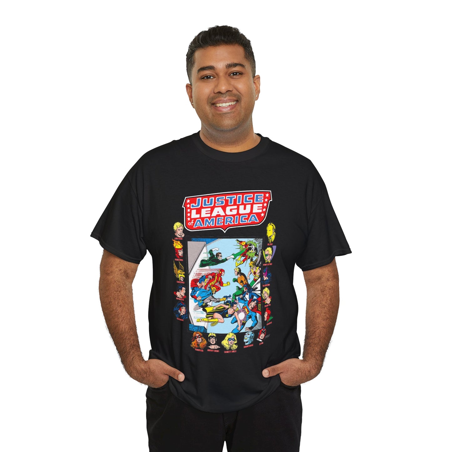 JLA & JSA T-Shirt - George Perez Art - All-Star Squadron - Firestorm, Huntress, Starman, Zatanna, Liberty Belle, Superman, Robotman, Firebrand, Dr Fate - DC Comics