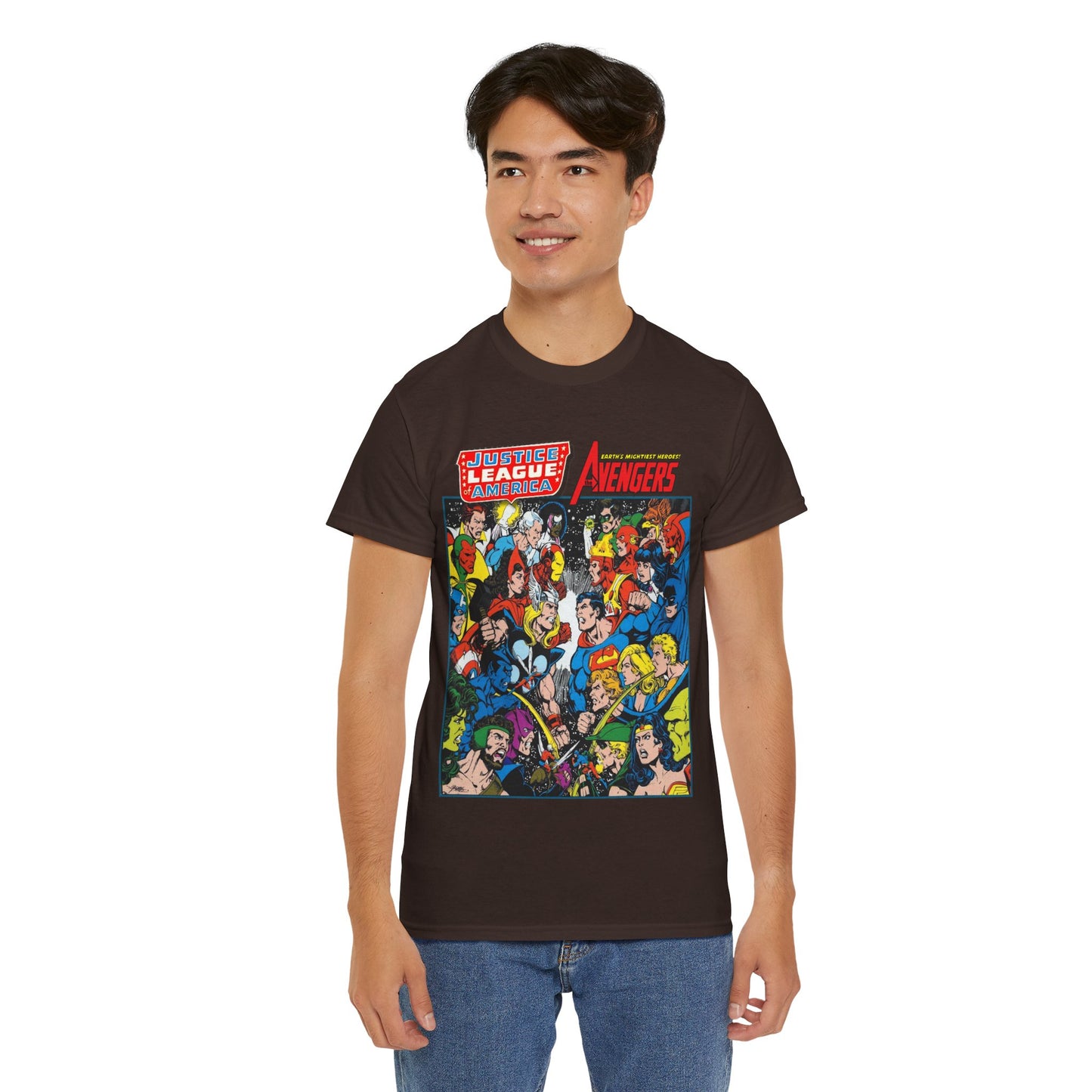 Justice League/Avengers T-Shirt - DC & Marvel Comics Art - George Perez - JLA - Batman, Captain America, Iron Man, Green Lantern