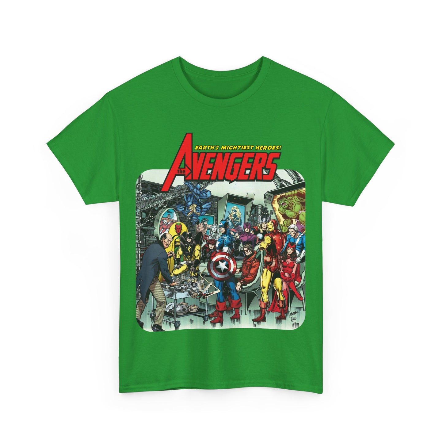 Classic Avengers T-Shirt - George Perez Art - Captain America, Hawkeye, Iron Man, Vision, Scarlet Witch, Quicksilver, Jarvis - Marvel Comics