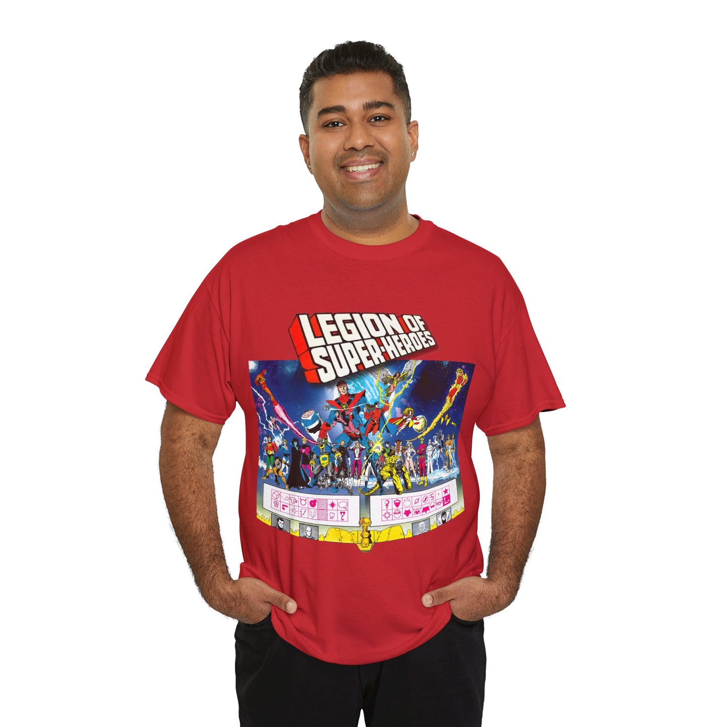 Legion of Super-Heroes T-Shirt - Gorgeous George Perez Art - History of the DC Universe - Lightning Lad, Timber Wolf, Wildfire, Sun Boy, Chamelon Boy - DC Comics