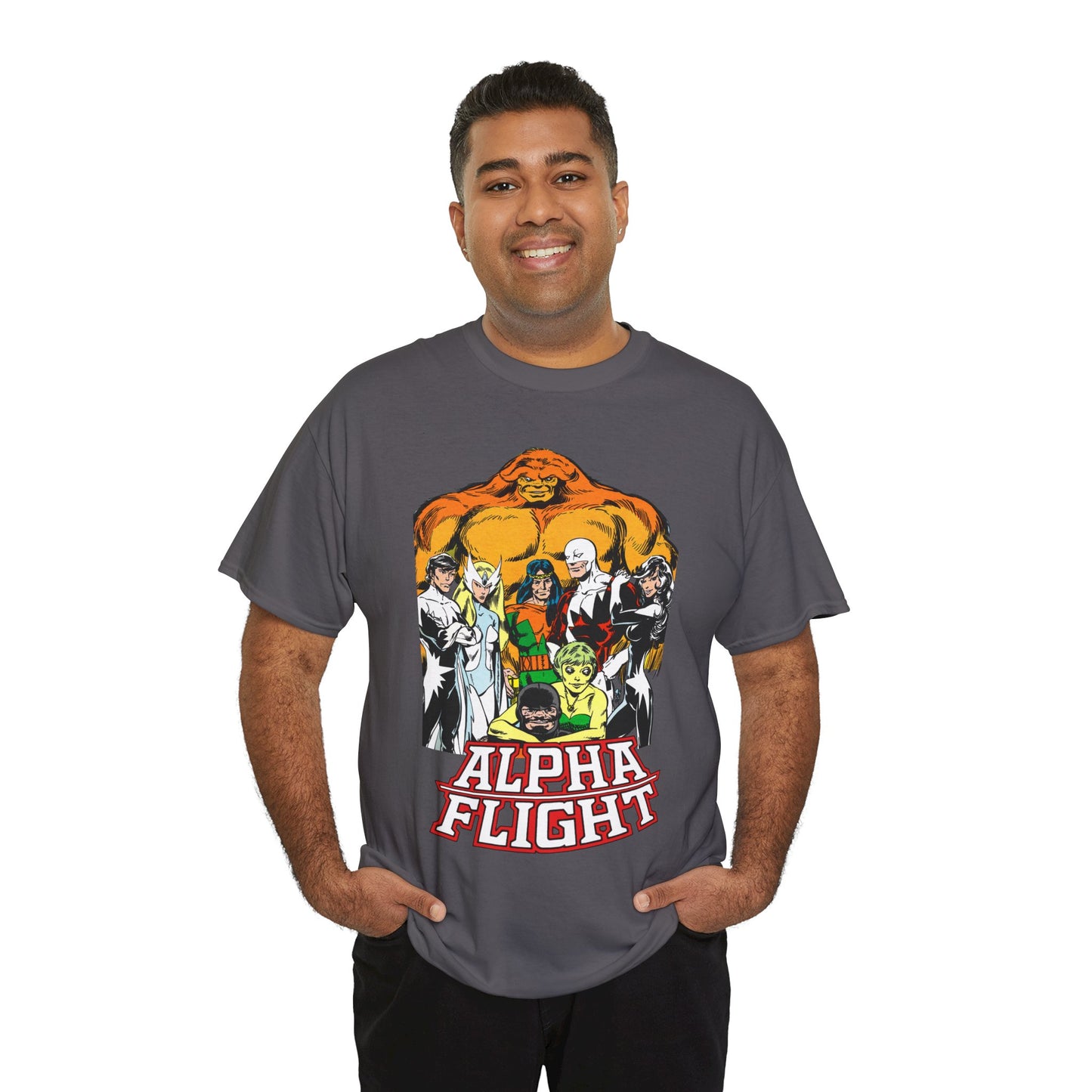 Alpha Flight T-Shirt - John Byrne Art - Northstar, Aurora, Guardian, Puck, Snowbird, Shaman, Sasquatch - Canada's Superhero Team - X-Men Connection - Marvel Comics