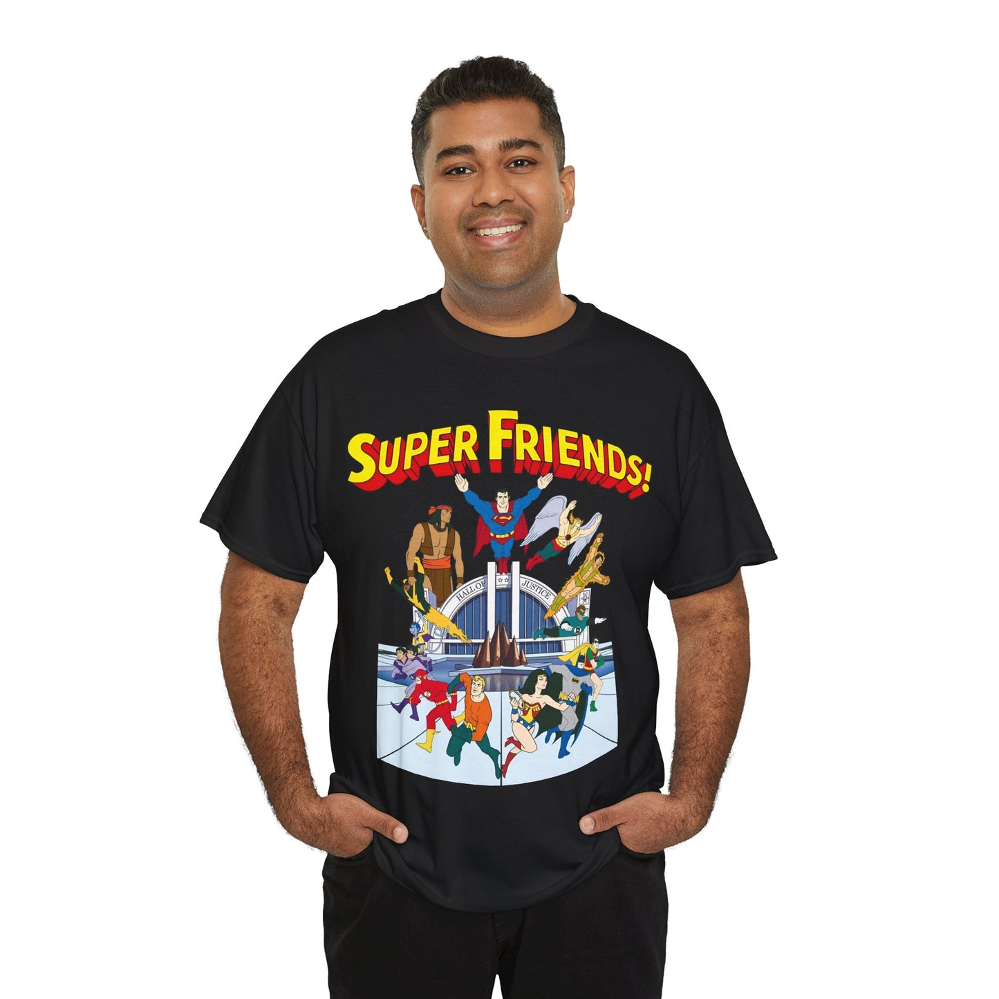 Super Friends T-Shirt - DC Hanna-Barbera - Superman, Wonder Woman, Black Vulcan, Batman, The Wonder Twins, Apache Chief, Hall of Justice