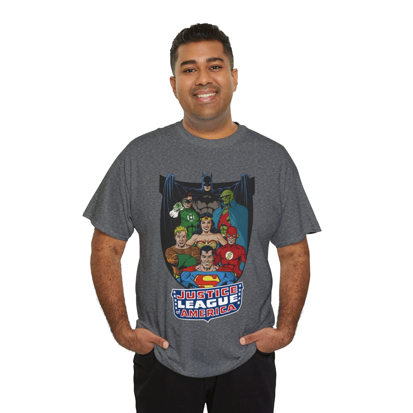 Justice League of America T-Shirt - George Perez Art - Superman, Wonder Woman, Batman, Aquaman, Martian Manhunter, Flash, Green Lantern - DC Comics