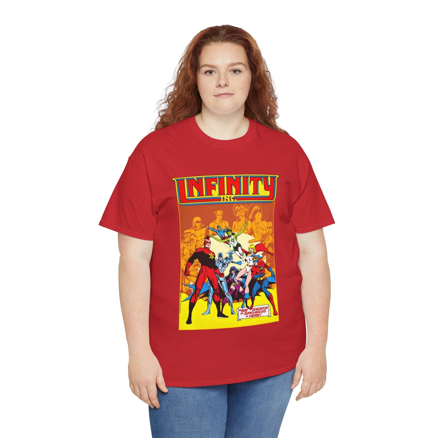 Infinity, Inc T-Shirt - Jerry Ordway Art - Silver Scarab, Huntress, Power Girl, Star-Spangled Kid, Fury, Jade - DC Comics - 1980s JSA Spin-Off Series