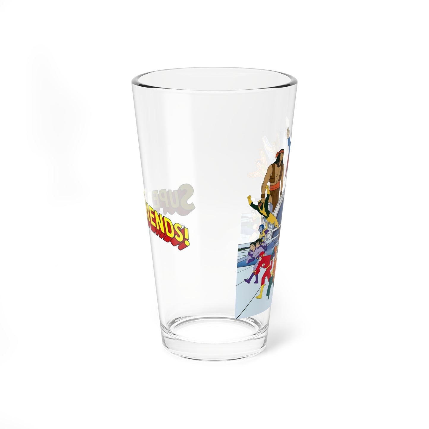 Challenge of the Super Friends Pint Glass, 16oz - Superman, Wonder Woman, Samurai, Apache Chief, Flash, Black Vulcan, Green Lantern - DC Comics, Hanna-Barbera Cartoon