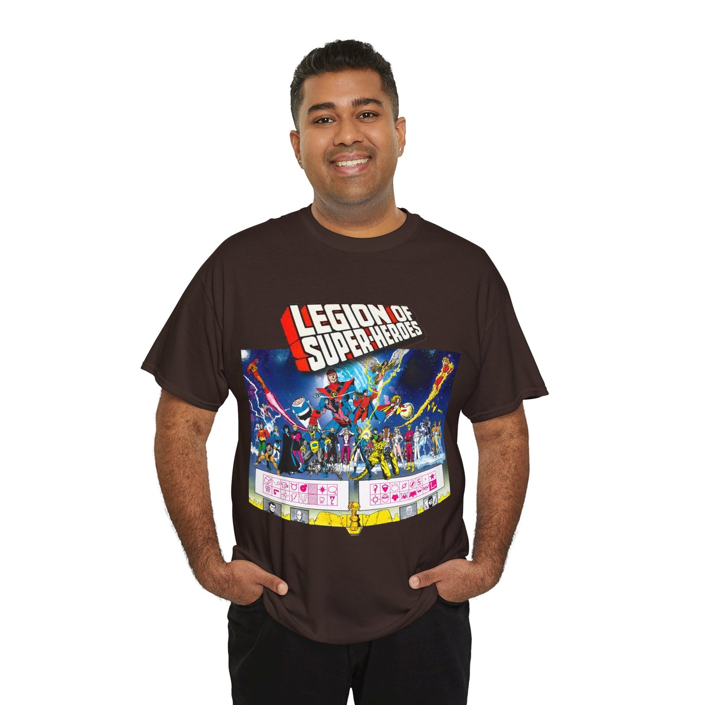 Legion of Super-Heroes T-Shirt - Gorgeous George Perez Art - History of the DC Universe - Lightning Lad, Timber Wolf, Wildfire, Sun Boy, Chamelon Boy - DC Comics