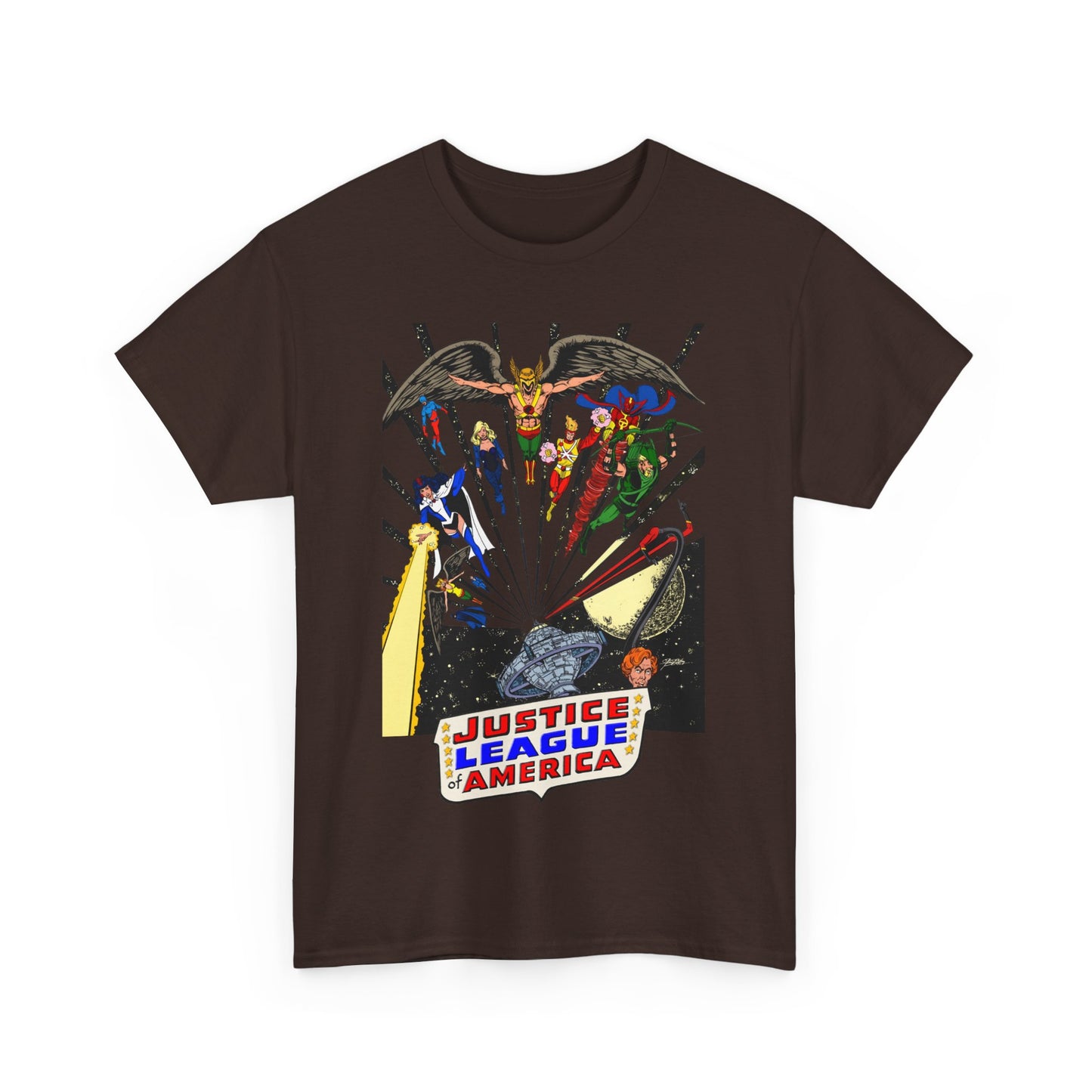 Justice League of America T-Shirt - George Perez Art - Bronze Age Satellite Era - DC Comics - Hawkman, Zatanna, Atom, Firestorm, Elongated Man, Green Arrow