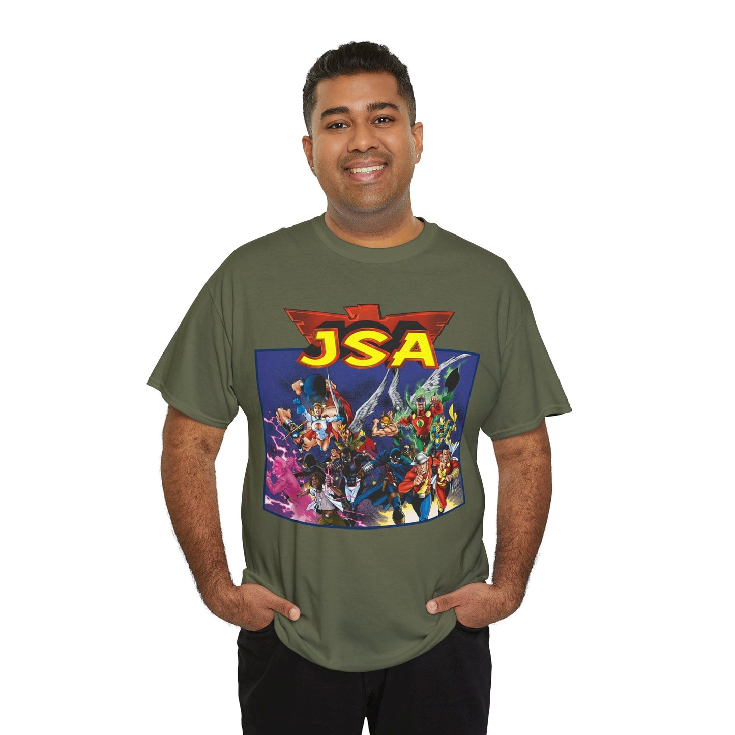 JSA T-Shirt - Carlos Pacheco Art - Green Lantern, Power Girl, Hawkgirl, Black Adam, Flash, Dr Fate, Hawkman - DC Comics - Justice Society of America