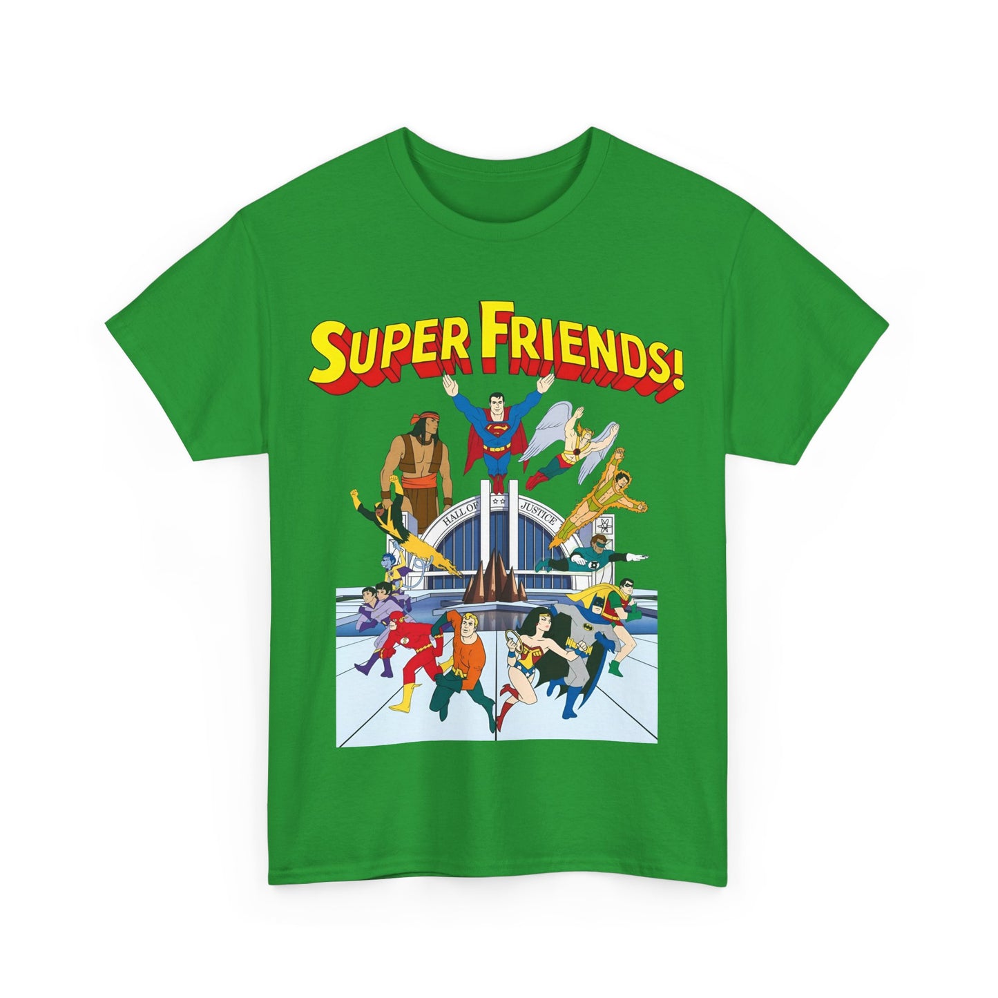 Super Friends T-Shirt - DC Hanna-Barbera - Superman, Wonder Woman, Black Vulcan, Batman, The Wonder Twins, Apache Chief, Hall of Justice