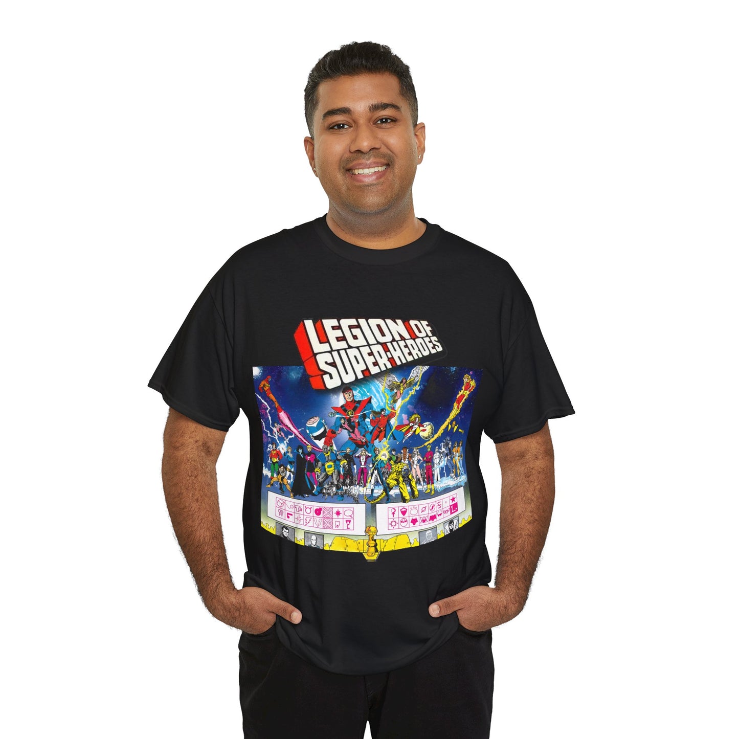 Legion of Super-Heroes T-Shirt - Gorgeous George Perez Art - History of the DC Universe - Lightning Lad, Timber Wolf, Wildfire, Sun Boy, Chamelon Boy - DC Comics
