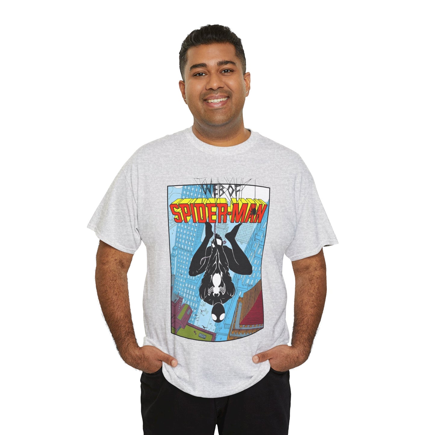 Web of Spider-Man T-Shirt - Charles Vess Art - Peter Parker, Web Slinger - Manhattan Skyline - Spidey Black Suit - Marvel Comics