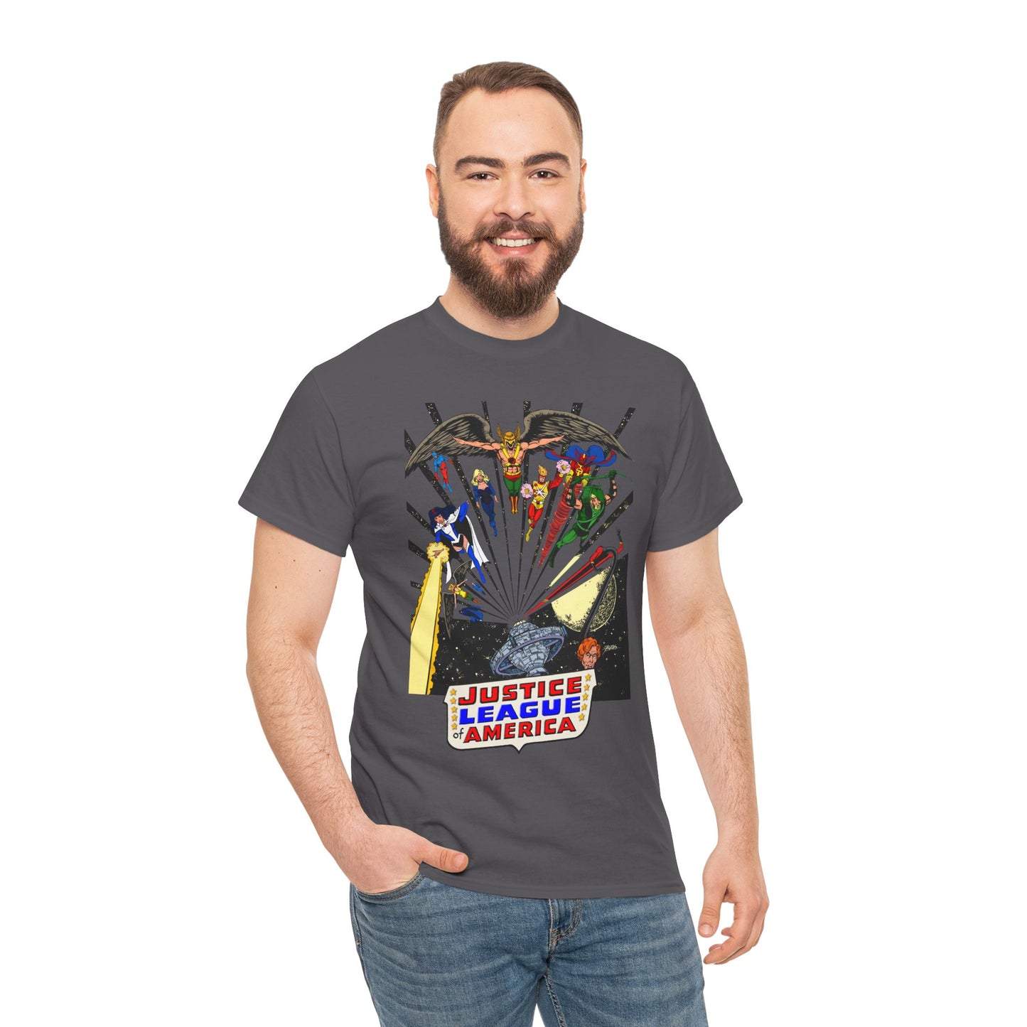 Justice League of America T-Shirt - George Perez Art - Bronze Age Satellite Era - DC Comics - Hawkman, Zatanna, Atom, Firestorm, Elongated Man, Green Arrow
