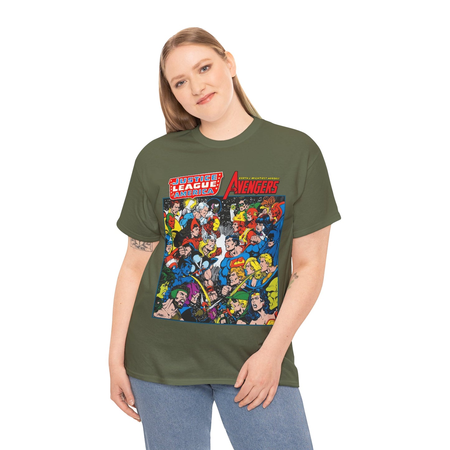Justice League/Avengers T-Shirt - DC & Marvel Comics Art - George Perez - JLA - Batman, Captain America, Iron Man, Green Lantern