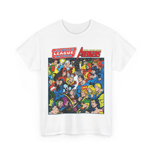 Justice League/Avengers T-Shirt - DC & Marvel Comics Art - George Perez - JLA - Batman, Captain America, Iron Man, Green Lantern