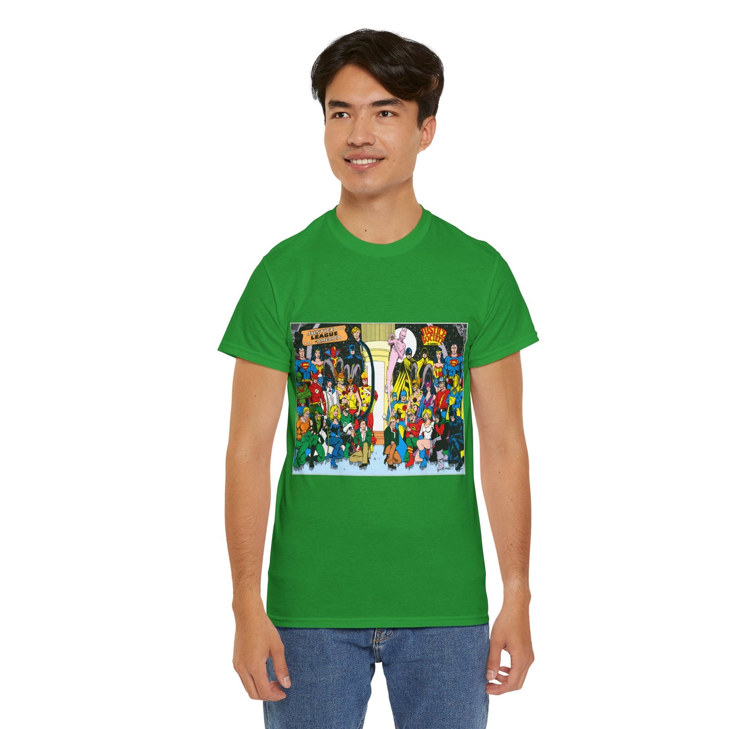 JLA & JSA T-Shirt - George Perez Art - Justice League, Society Team-up - Batman, Wildcat, Dr Fate, Hourman, Firestorm, Superman