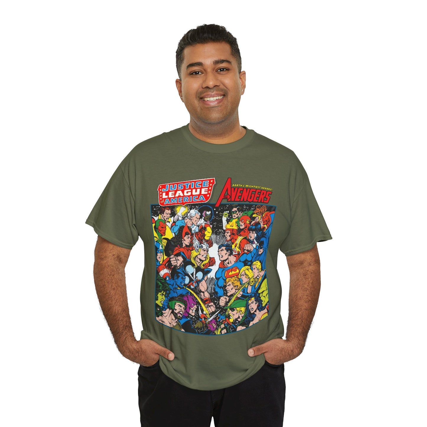 Justice League/Avengers T-Shirt - DC & Marvel Comics Art - George Perez - JLA - Batman, Captain America, Iron Man, Green Lantern