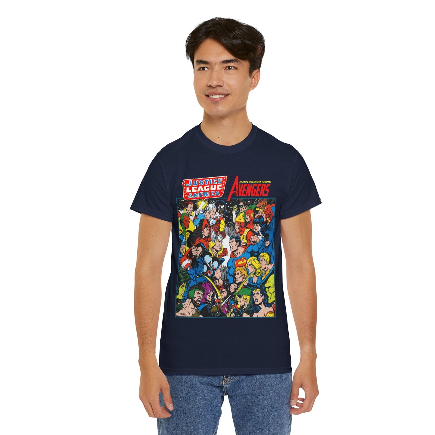 Justice League/Avengers T-Shirt - DC & Marvel Comics Art - George Perez - JLA - Batman, Captain America, Iron Man, Green Lantern