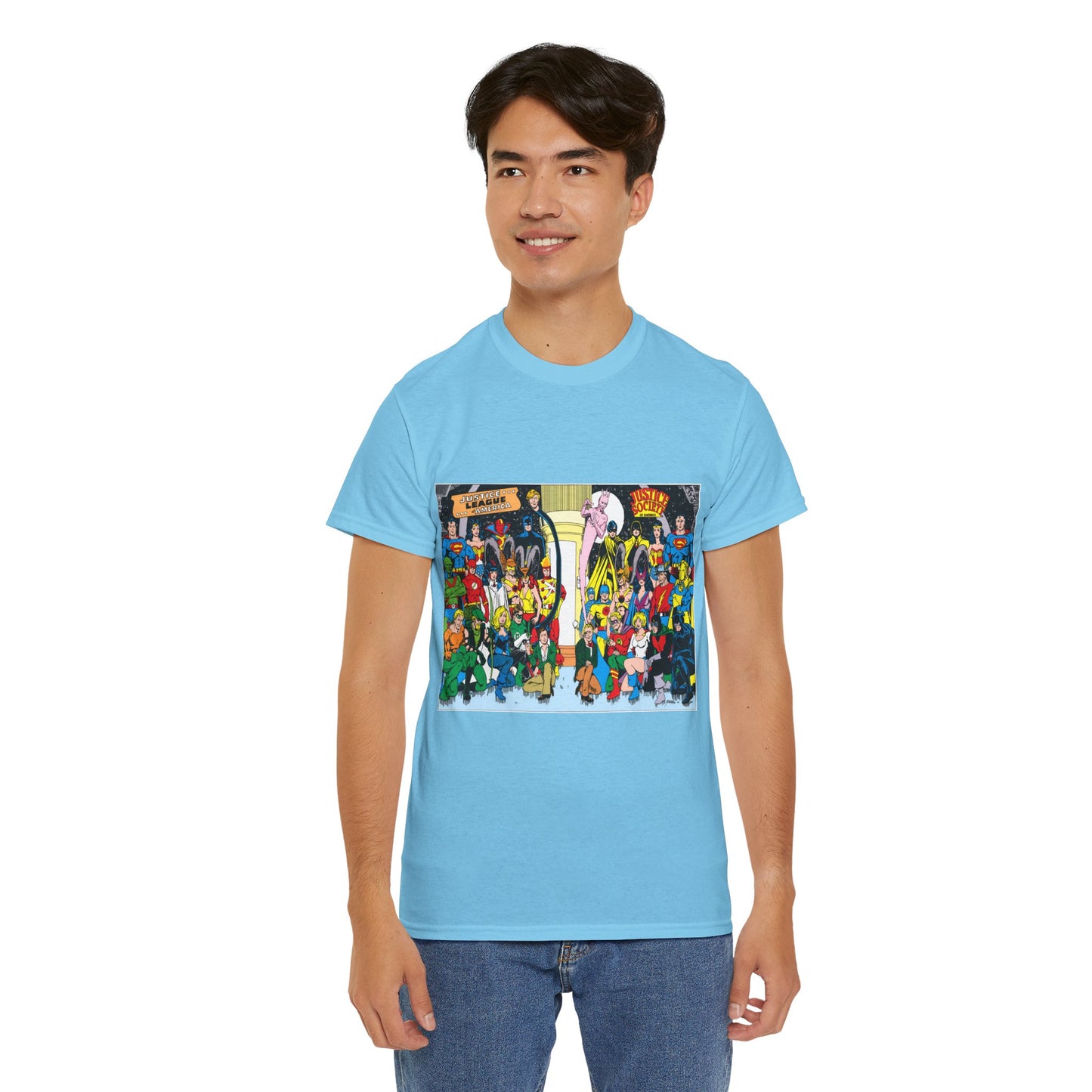 JLA & JSA T-Shirt - George Perez Art - Justice League, Society Team-up - Batman, Wildcat, Dr Fate, Hourman, Firestorm, Superman
