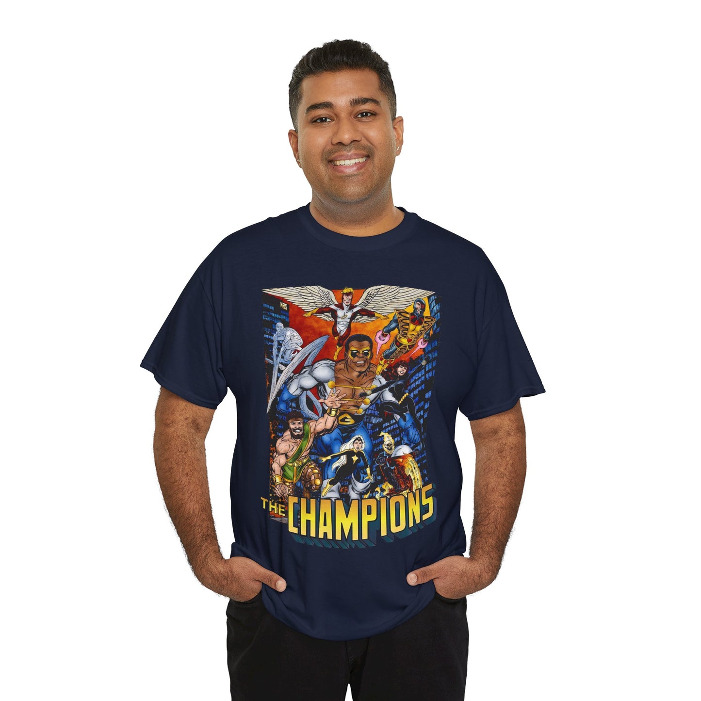 Champions T-Shirt - John Byrne Art - Hercules, Black Widow, Ghost Rider, Black Goliath, Silver Surfer, Jack of Hearts - Marvel Comics 1970s Series