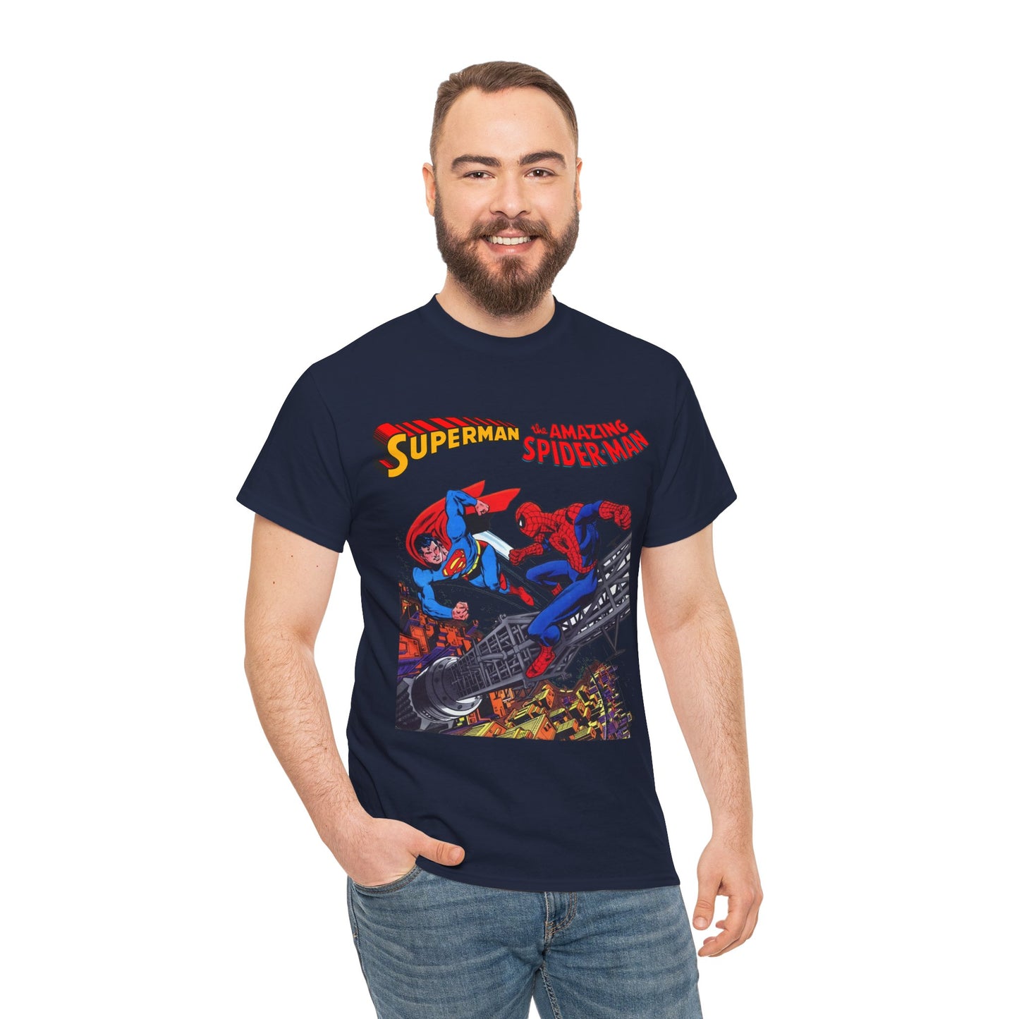 Superman & Amazing Spider-Man T-Shirt - DC/Marvel Comics Crossover - 1970s - Clark Kent & Peter Parker