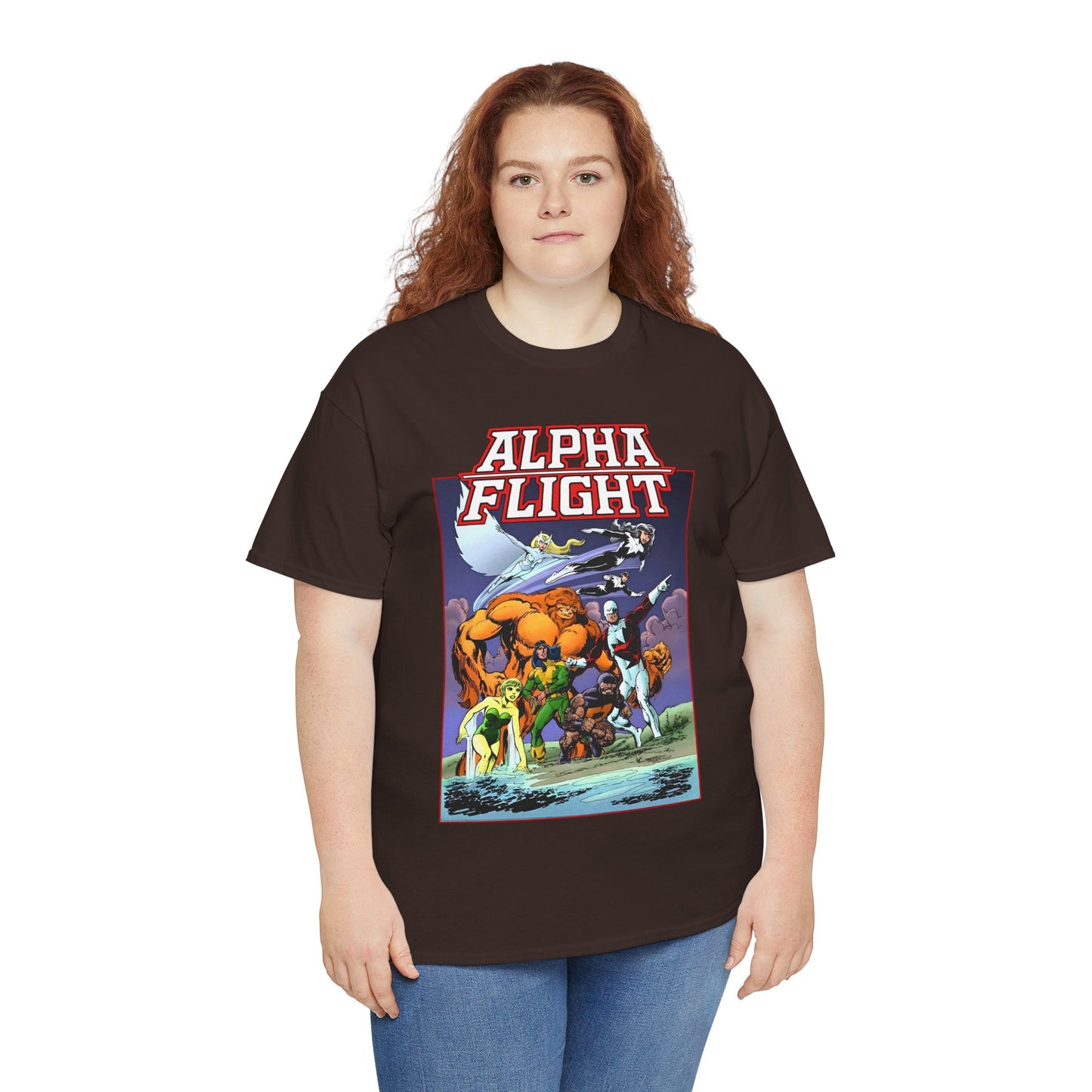 Alpha Flight T-Shirt - John Byrne Art - Guardian, Aurora, Northstar, Shaman, Snowbird, Puck - Marvel Comics - Canada's Super-Team