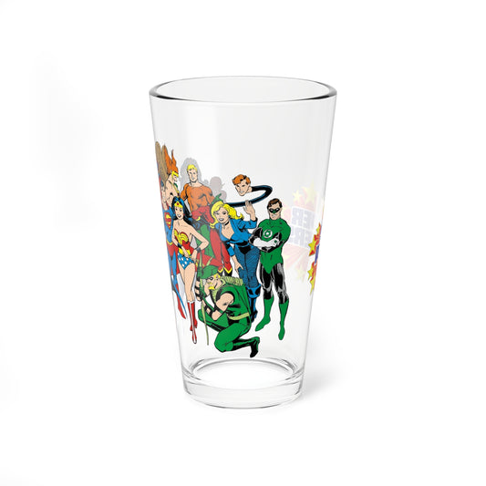 Justice League of America Pint Glass, 16oz - DC Comics Art - Firestorm, Zatanna, Wonder Woman, Superman, Batman, Aquaman, Flash