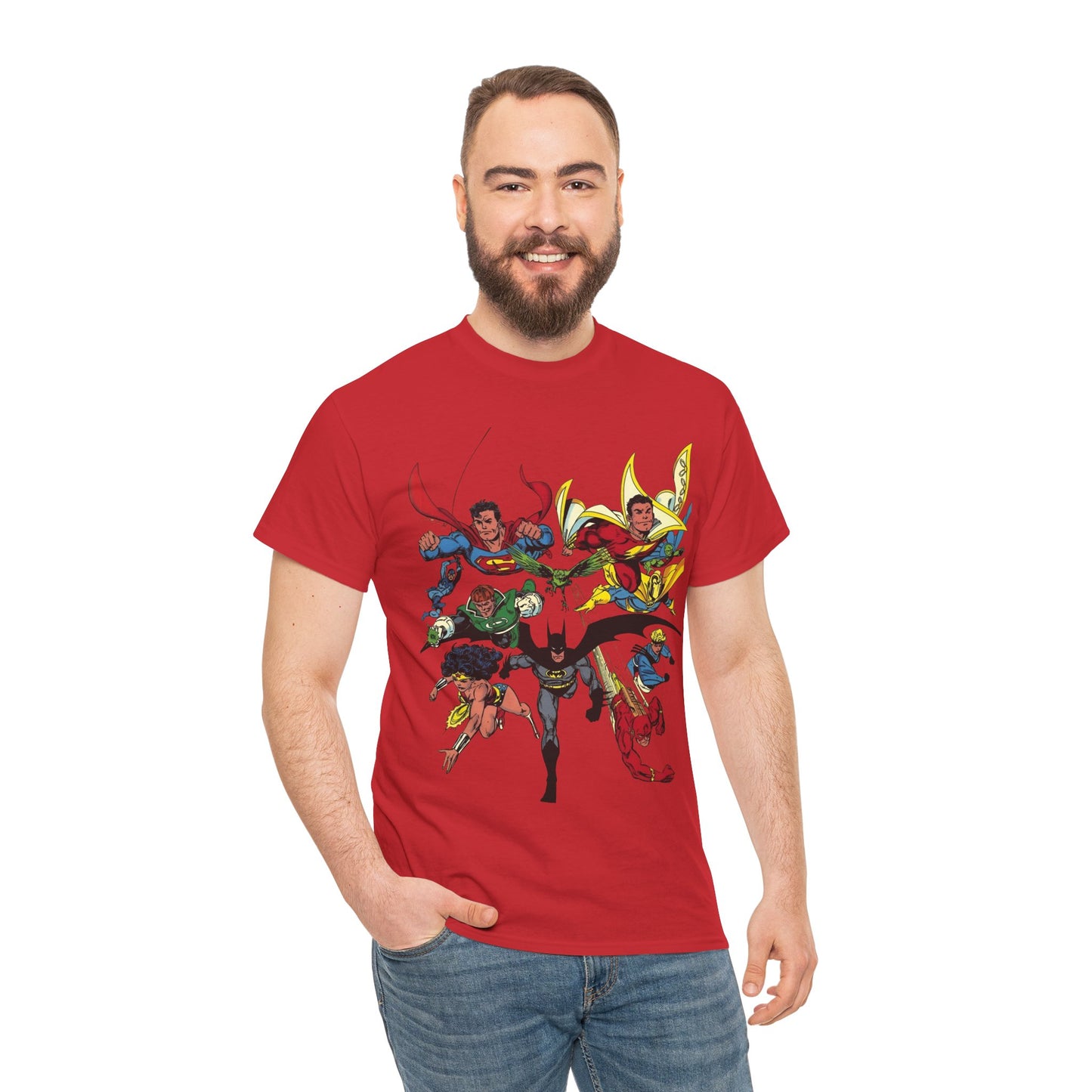 DC Legends T-Shirt - John Byrne Art - Superman, Wonder Woman, Guy Gardner, Flash, Blue Beetle, Shazam, Dr Fate, Changeling - DC Comics