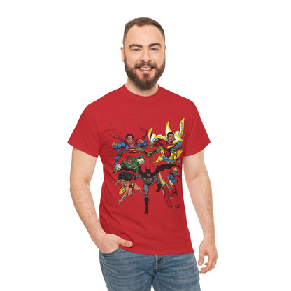 DC Legends T-Shirt - John Byrne Art - Superman, Wonder Woman, Guy Gardner, Flash, Blue Beetle, Shazam, Dr Fate, Changeling - DC Comics