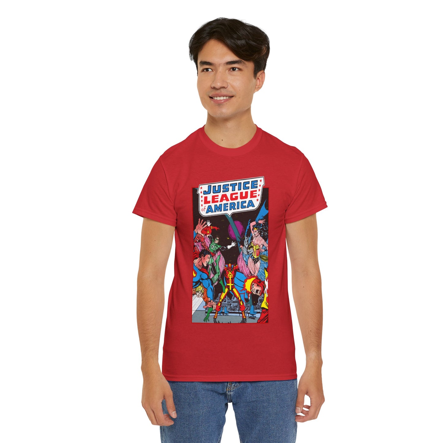 Justice League of America T-Shirt - George Perez Art - 1980s Satellite Era - Superman, Wonder Woman, Firestorm, Green Lantern, Batman - DC Comics