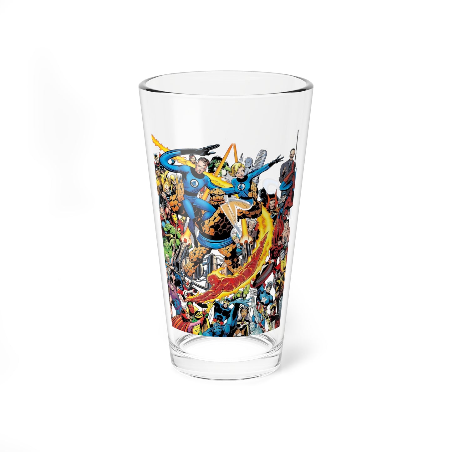 Fantastic Four 16oz Pint Glass - Marvel Comics - John Byrne Art - Human Torch, The Thing, Invisible Woman, Reed Richards