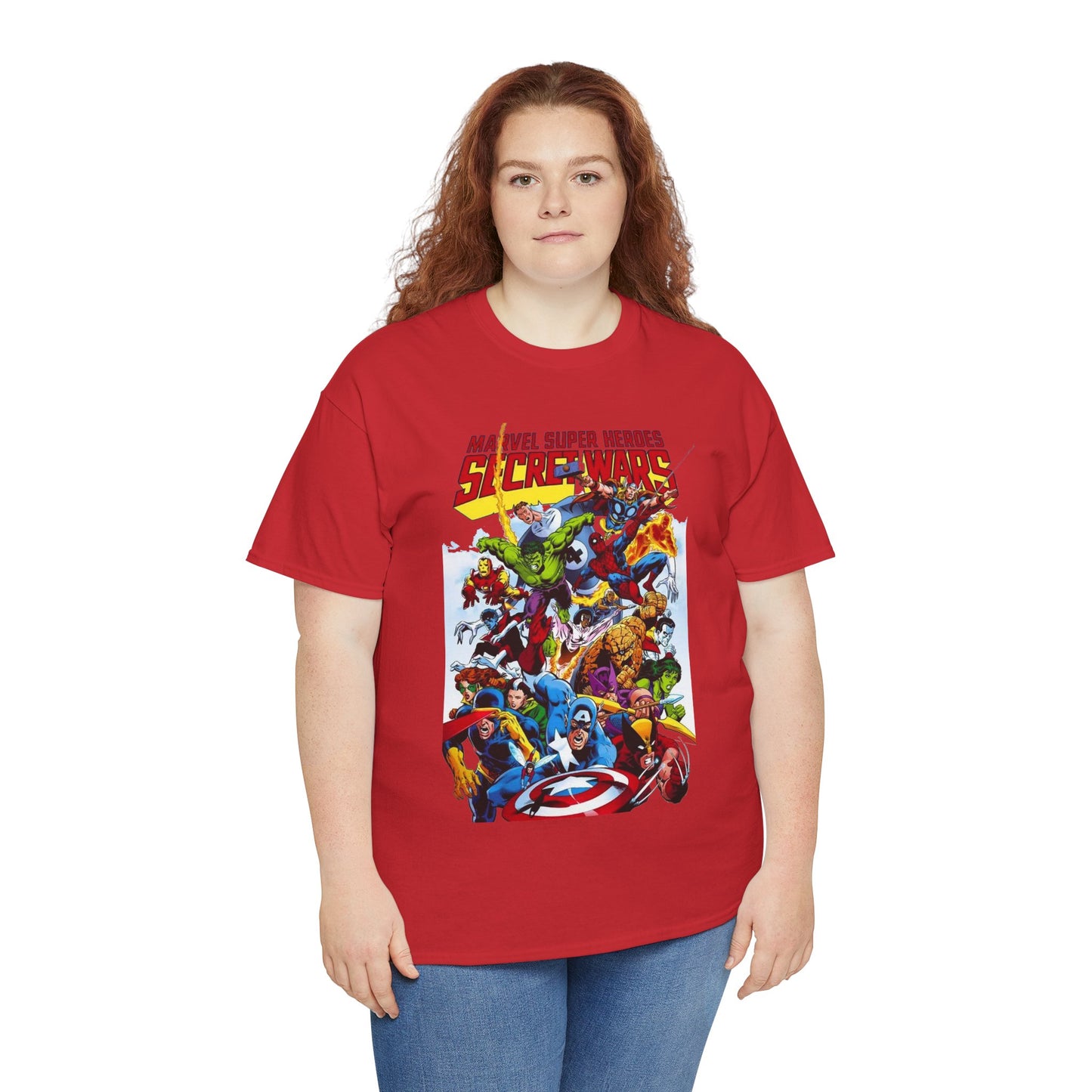 Secret Wars T-Shirt - Spider-man, Wolverine, Iron Man, Captain America, Cyclops, Rogue, Hulk, Mr Fantastic, The Thing - Classic Marvel Comics 1980s Series - The Beyonder