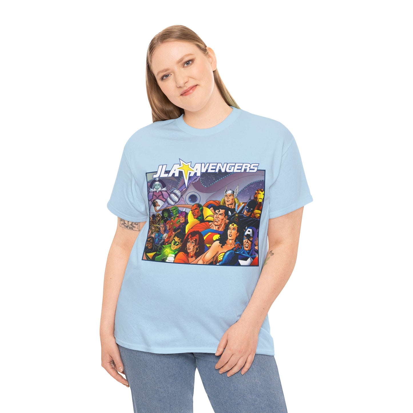 JLA/Avengers T-Shirt - George Perez Art - Wonder Woman, Scarlet Witch, Batman, Thor, Iron Man, Superman - DC Comics, Marvel Comics