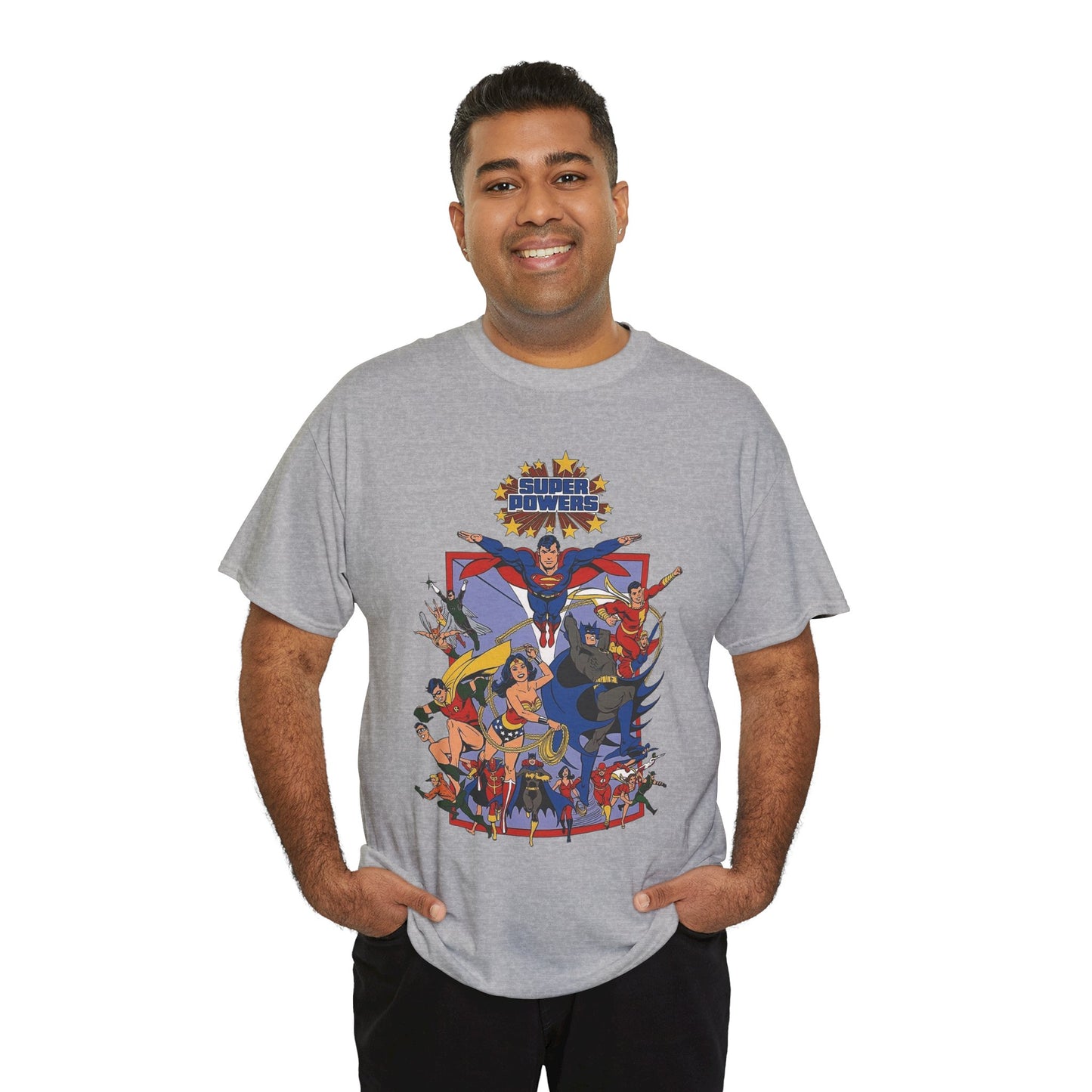 Super Powers T-Shirt - Superman, Flash, Wonder Woman, Batman, Batgirl, Robin, Plastic Man, Aquaman, Hawkman, Supergirl - 1980s Kenner Toy Line - Retro DC Comics