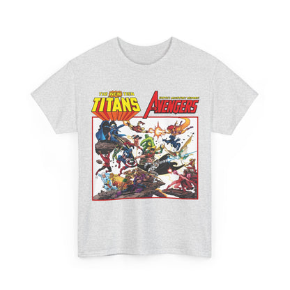 New Teen Titans Vs Avengers T-Shirt - George Perez Art - Hawkeye, Wonder Man, Raven, Starfire, Cyborg, Scarlet Witch, Wonder Girl - DC Comics & Marvel Comics