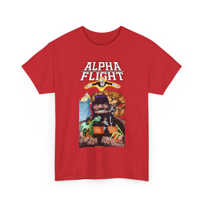 Red t-shirt with 'Alpha Flight' graphic design on a white background. Features Guardian, Sasquatch, Northstar, Aurora, Shaman.