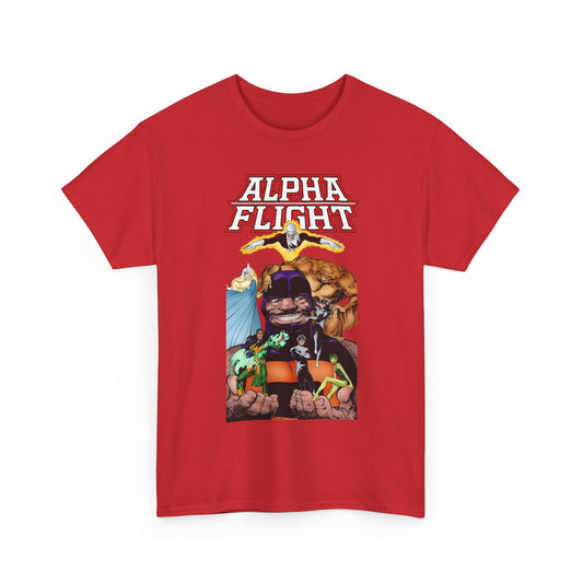 Red t-shirt with 'Alpha Flight' graphic design on a white background. Features Guardian, Sasquatch, Northstar, Aurora, Shaman.