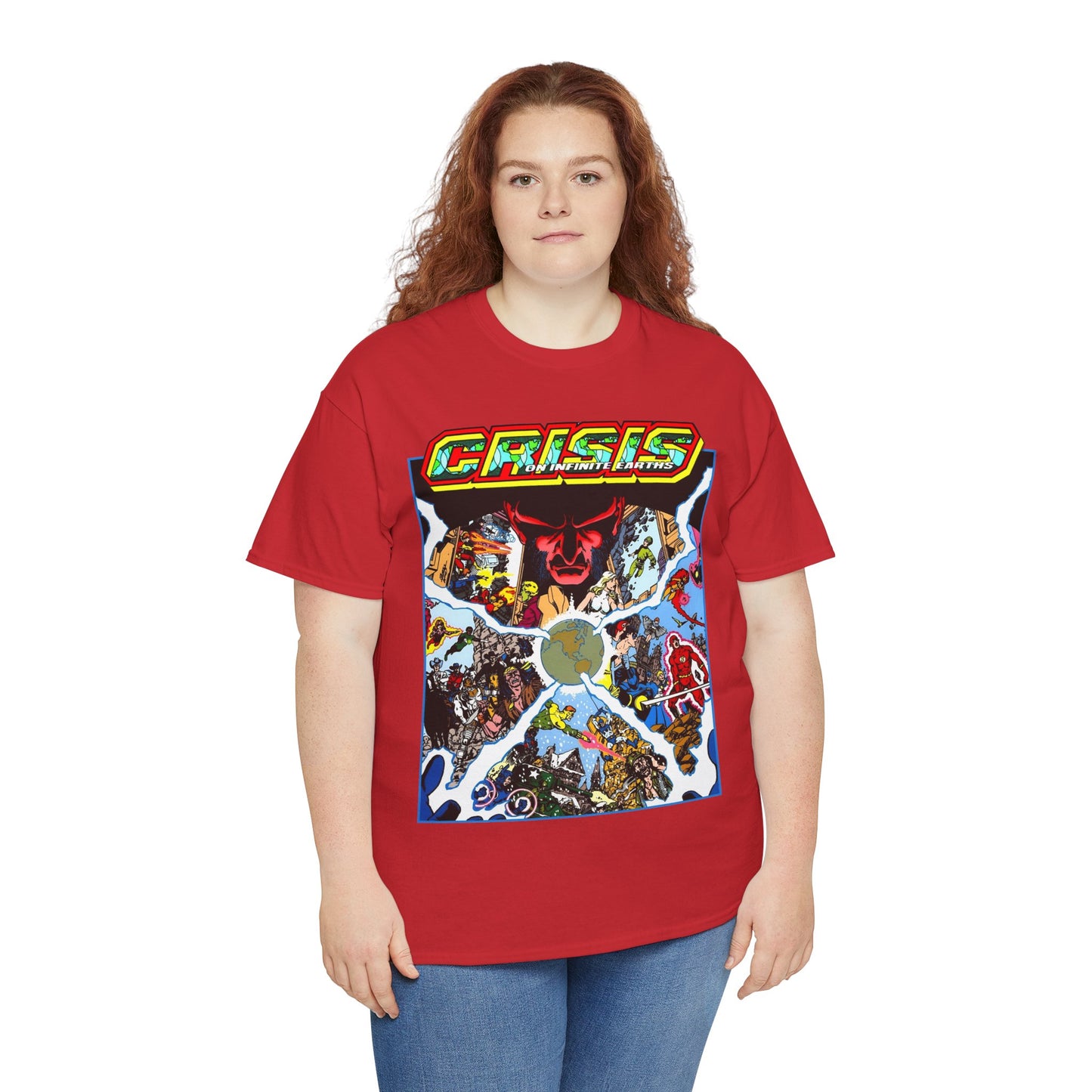 Crisis on Infinite Earths T-Shirt - George Perez Art - #3 Cover - Monitor, Flash, Starfire, Brainiac 5, Dream Girl - DC Comics