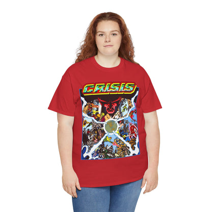 Crisis on Infinite Earths T-Shirt - George Perez Art - #3 Cover - Monitor, Flash, Starfire, Brainiac 5, Dream Girl - DC Comics