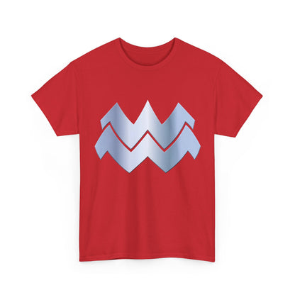 Red t-shirt with a silver Absolute Wonder Woman logo on a white background