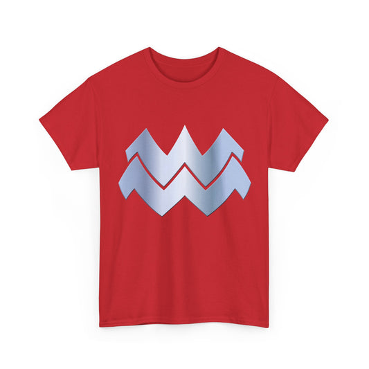 Red t-shirt with a silver Absolute Wonder Woman logo on a white background