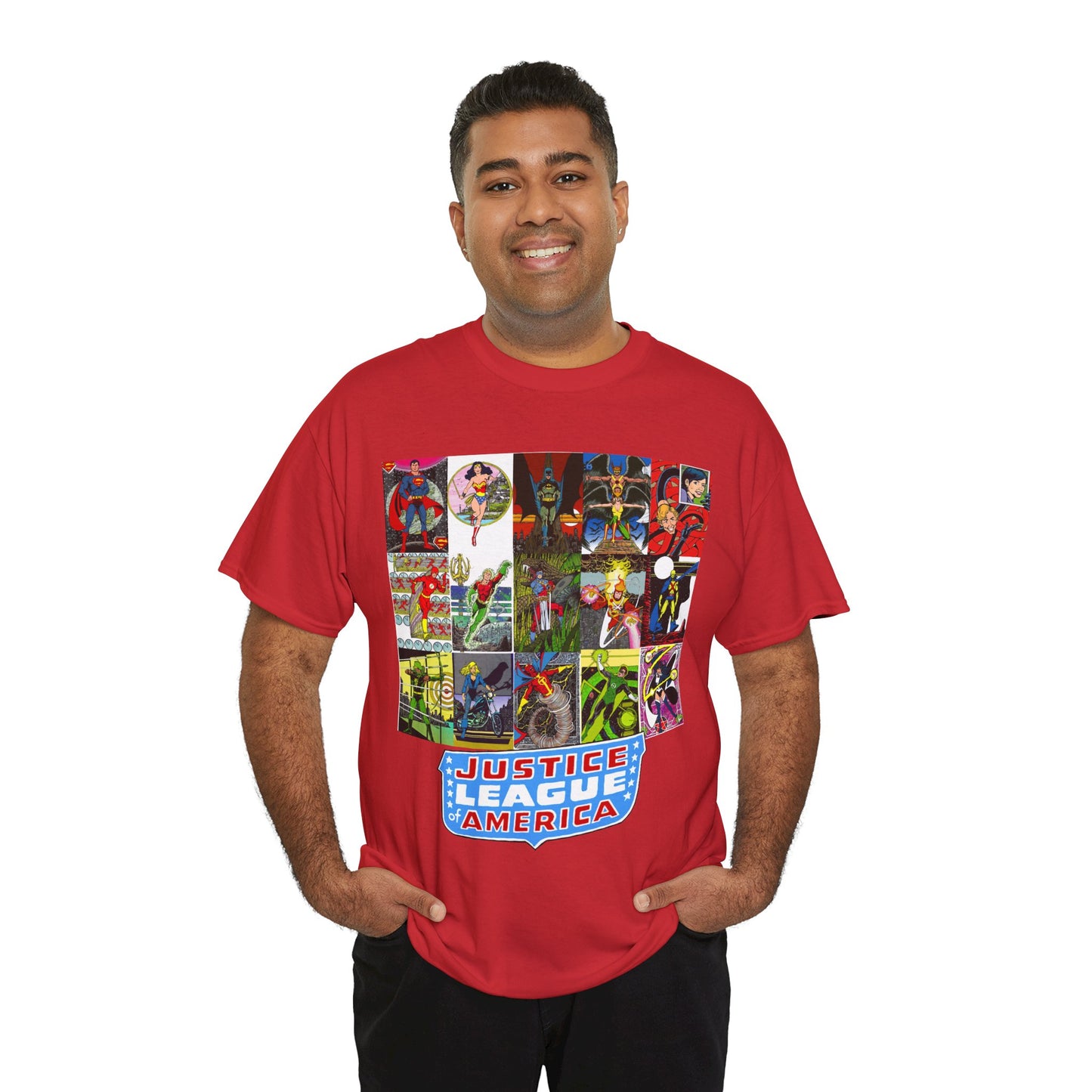 JLA Postcard T-Shirt - George Perez Art - Zatanna, Green Lantern, Flash, Batman, Hawkman, Wonder Woman, Firestorm - Justice League of America - DC Comics